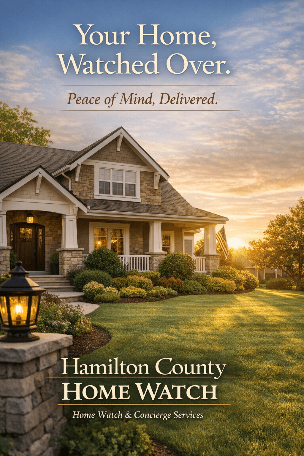 Hamilton County Home Watch social media post showing a serene suburban home at golden hour with peace of mind message overlay