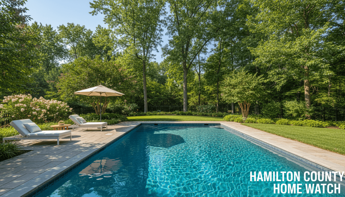 Professional pool technician maintaining a clear, well-kept residential swimming pool in Hamilton County