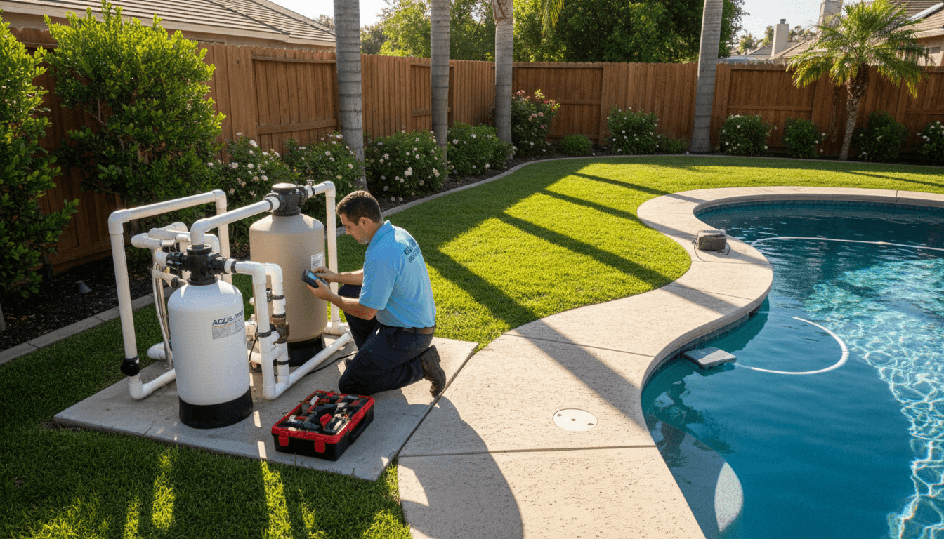Pool technician inspecting saltwater system and filter equipment in residential backyard with pool visible