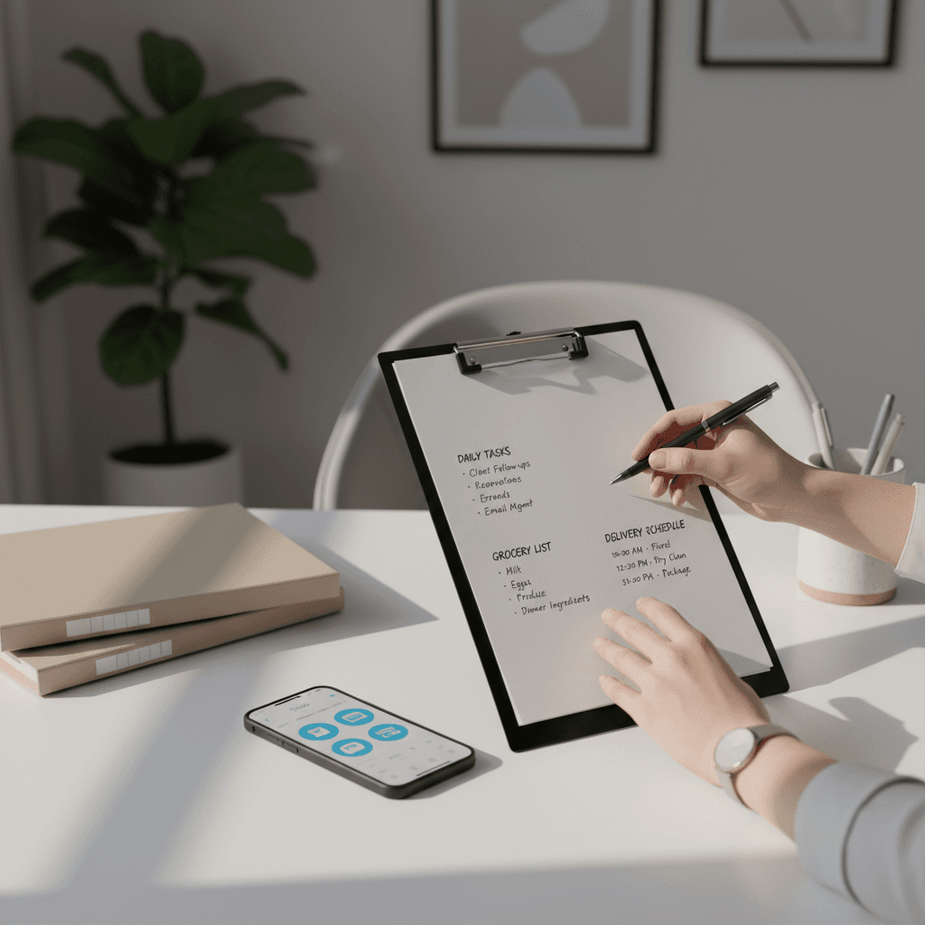 Concierge professional reviewing organized task checklist and schedule on minimalist desk workspace with smartphone