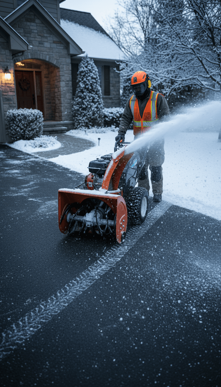 Professional snow removal worker clearing fresh snow from residential driveway with winter safety equipment and visibility gear
