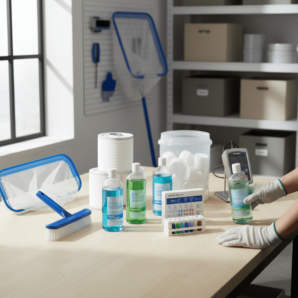 Organized display of pool maintenance chemicals, test kits, filters, and cleaning supplies on service workbench with technician hands