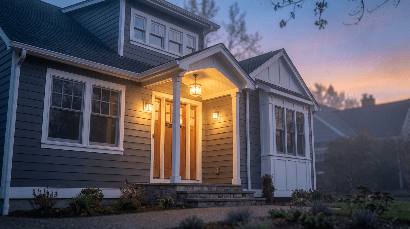 Residential home exterior at dusk with warm lighting and clear entrance visibility