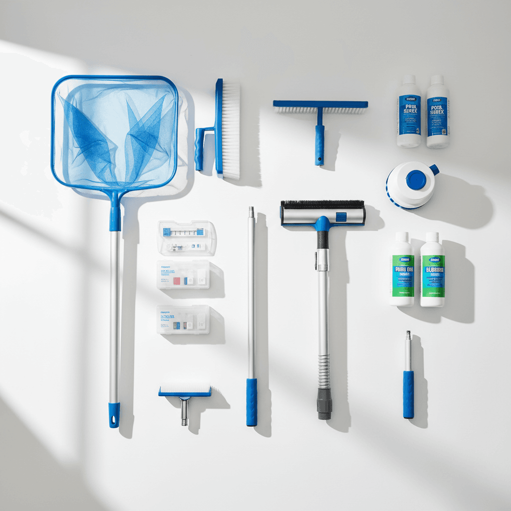 Pool maintenance equipment collection including skimmers, brushes, and testing kits arranged in organized display on white surface