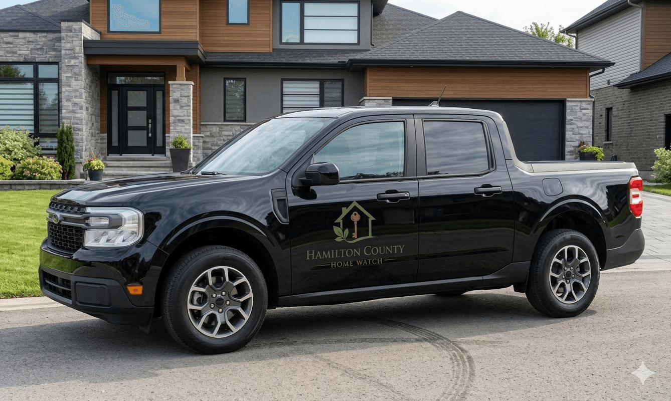 Black Ford Maverick with Hamilton County Home Watch logo parked in a modern driveway.