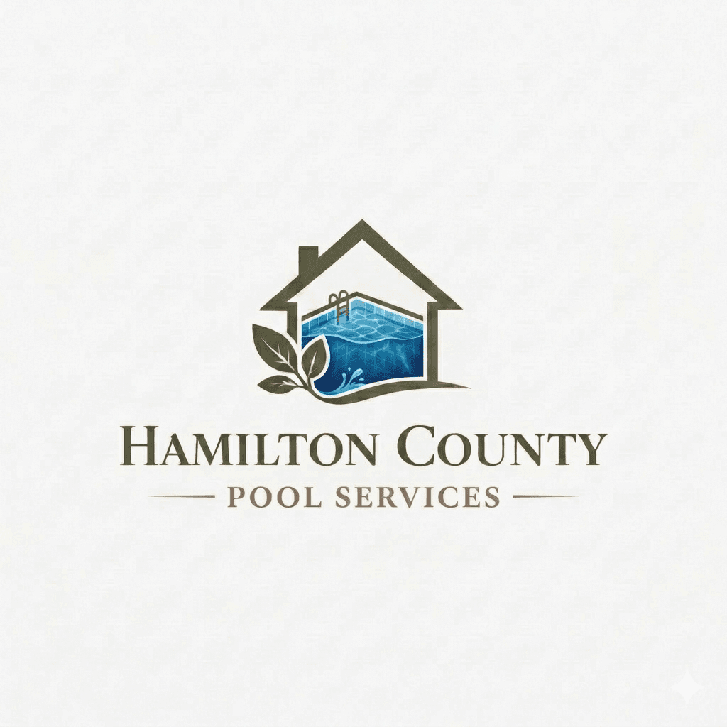 Hamilton County Pool Services logo featuring a house outline with a blue pool and leaves.